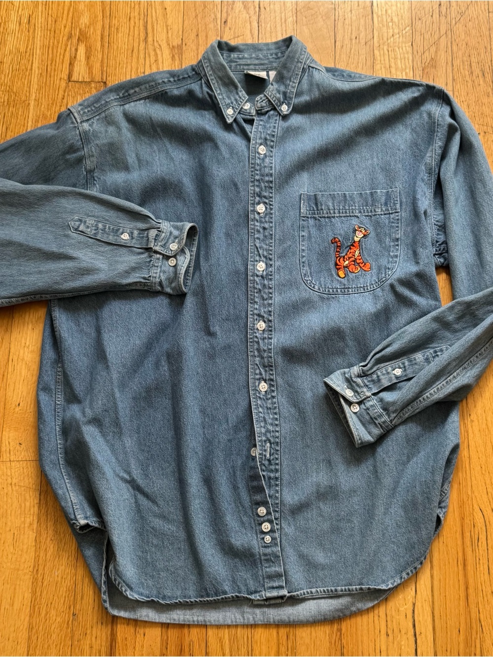 Disney Vintage Blue Denim Button-Down Shirt with Embroidered Tigger